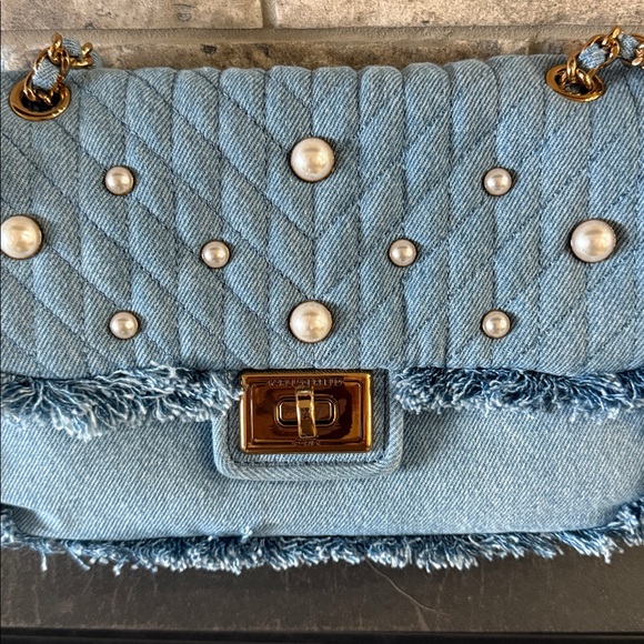 NEW Quilted Denim and Pearl Shoulder Bag with Chain Strap - Picture 7 of 8
